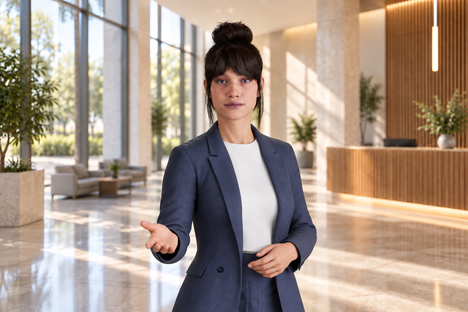 Laura en tailleur bleu, main ouverte en signe d’accueil dans un lobby : mise en situation illustrative