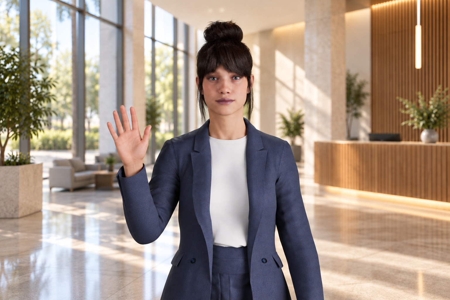 Laura en tailleur bleu accueillant les visiteurs dans un lobby : mise en situation illustrative