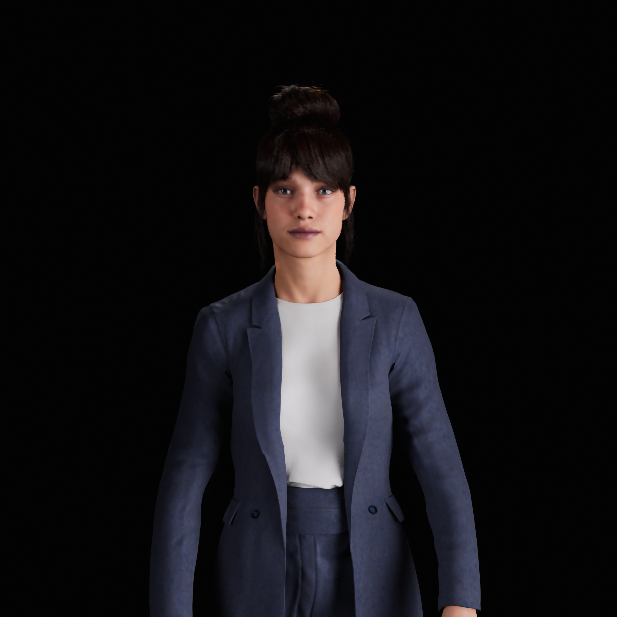 Laura, chignon châtain et tailleur bleu : vue de face en plan buste