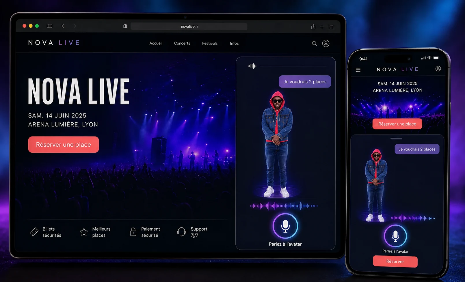 The same Black brand avatar wearing a red hoodie and sunglasses, integrated into a concert website and mobile application with voice conversation.